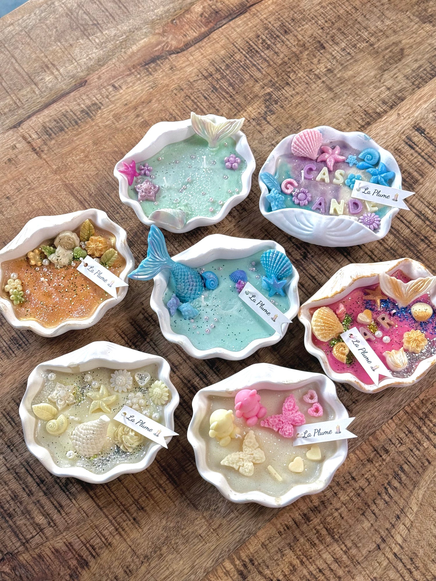 Set of decorative seashell candles in a candle making workshop in dubai